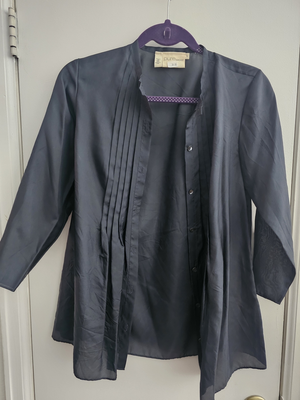 Pure DKNY Silk Navy Pintuck-Front Lightweight Blouse